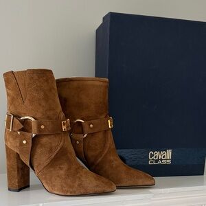 Cavalli Class Brown Suede Ankle Boots with Gold Hardware